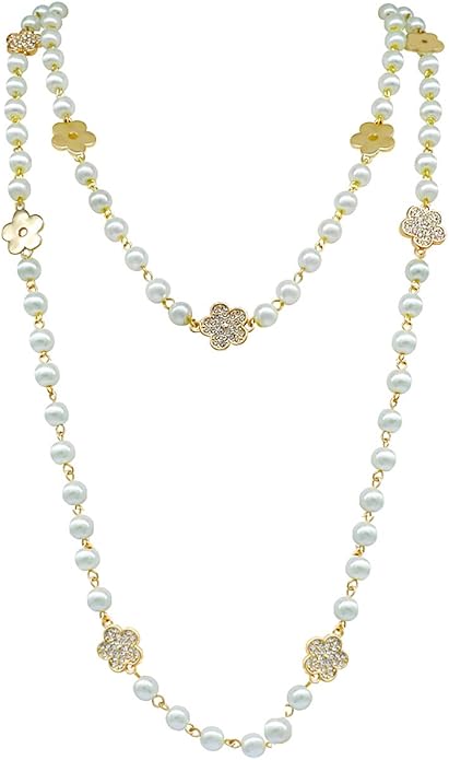 时尚珠宝设计师新娘和别致长款仿珍珠四叶草花链项链 女式